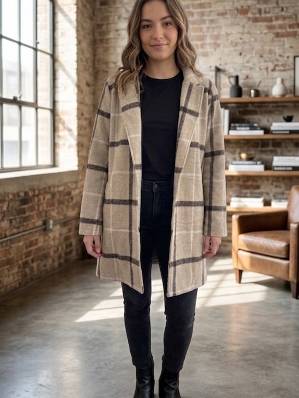 Potter's Pot tan and black open from plaid soft jacket size M